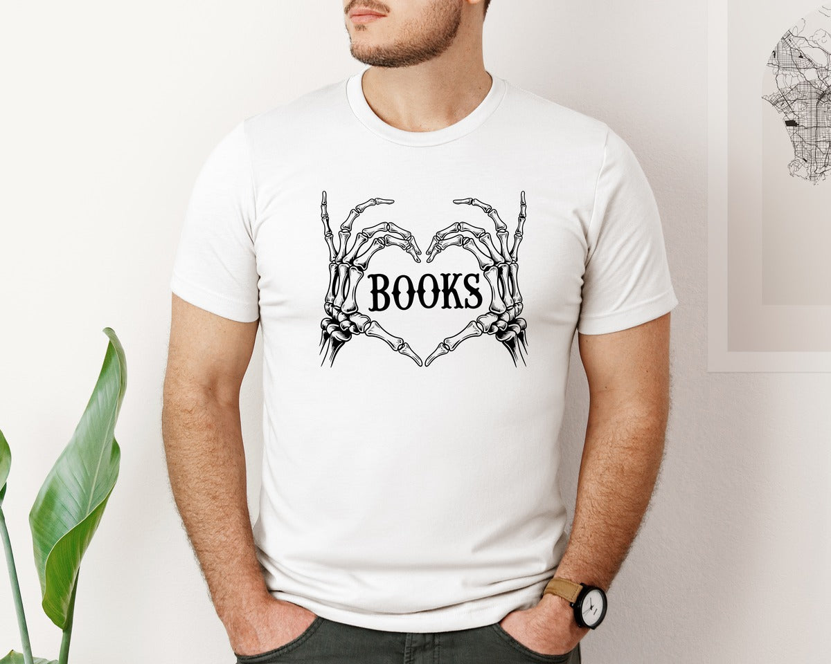 brand:Bella Canvas|color:White|Love Skeleton Book Lover Graphic T-Shirt