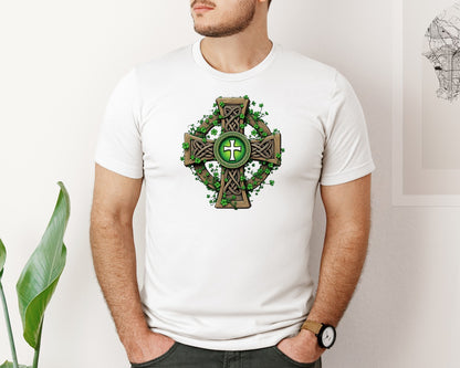 brand:Bella Canvas|color:White|Celtic Cross With Shamrocks Irish Graphic T-Shirt
