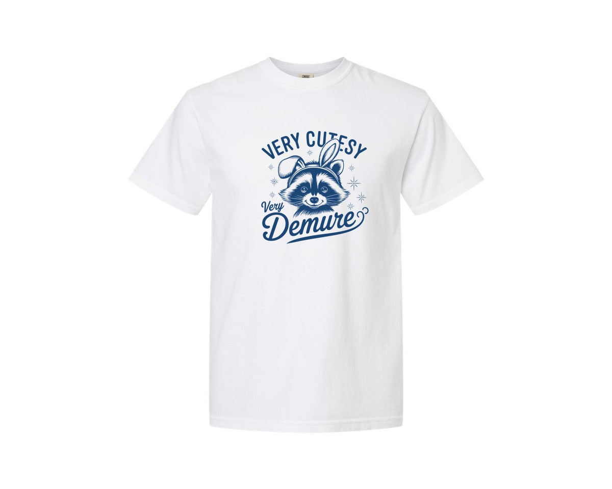brand:Comfort Colors|color:White|Very Cutesy Very Demure Raccoon T Shirt Graphic T-Shirt