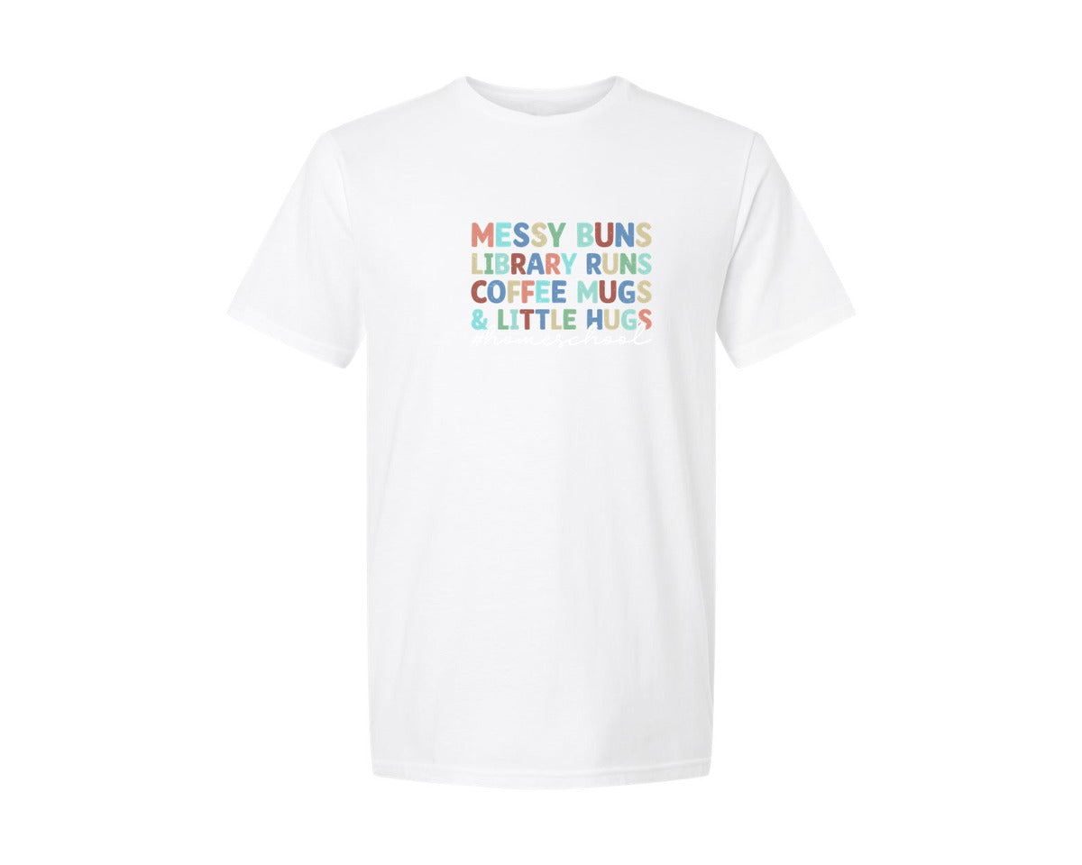 brand:Generic|color:White|Messy Buns Library Runs Homeschool Graphic T-Shirt