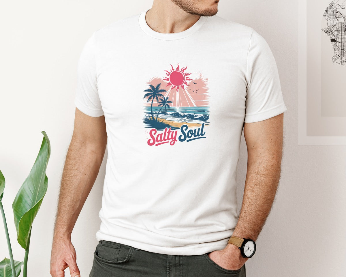 brand:Bella Canvas|color:White|Salty Soul Summer Beach Vibes Trendy Graphic T-Shirt