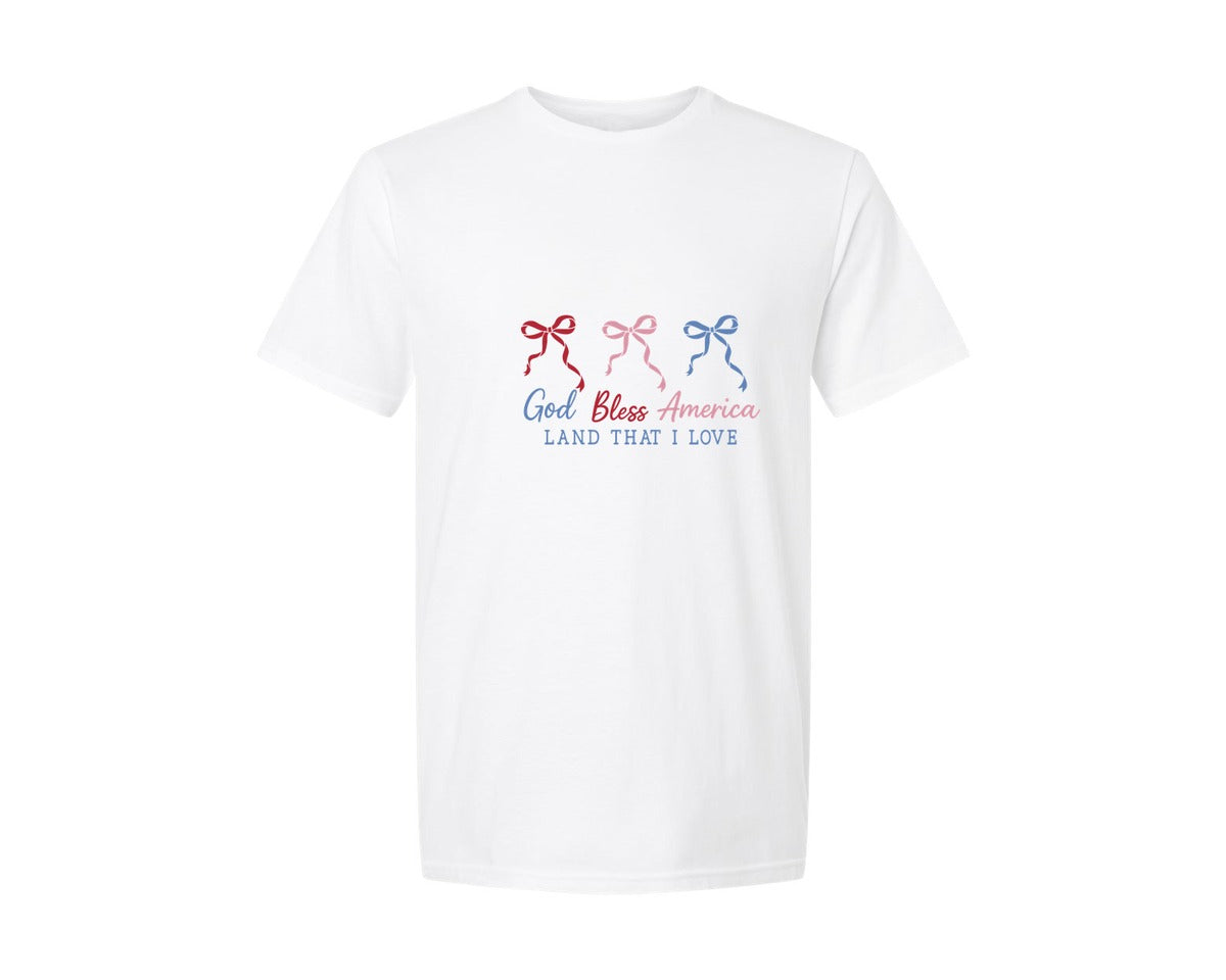 brand:Generic|color:White|God Bless America Coquette Bow Patriotic Graphic T-Shirt