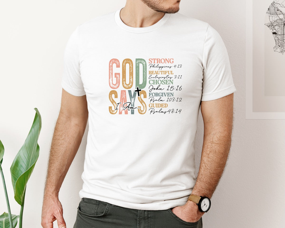 brand:Bella Canvas|color:White|God Says I Am Sleeve Print Sweatshirt Graphic T-Shirt