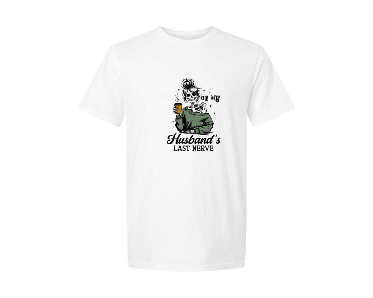 brand:Generic|color:White|On My Husbands Last Nerve Skeleton Wife Graphic T-Shirt