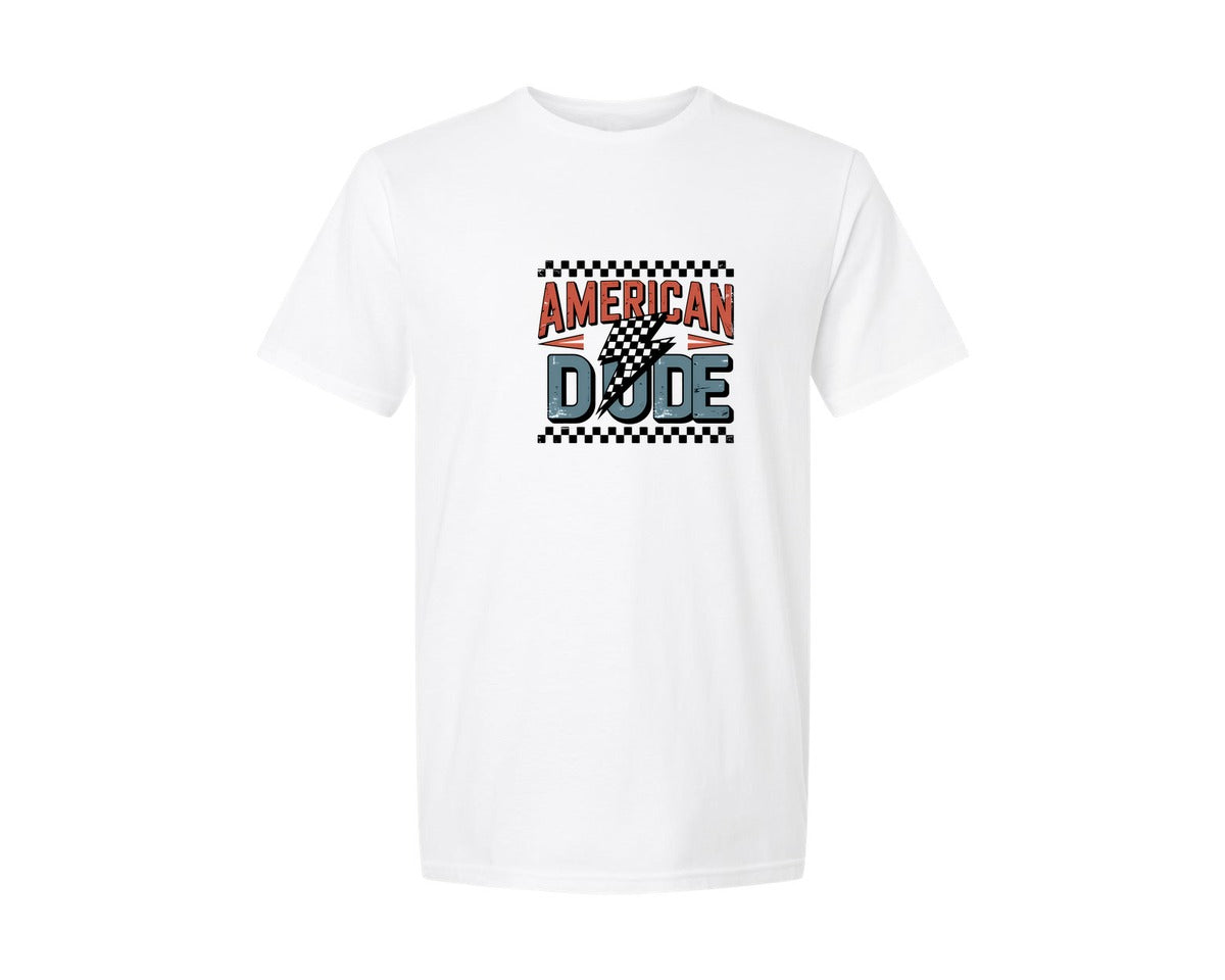 brand:Generic|color:White|American Dude Checker Lightning Bolt Graphic T-Shirt