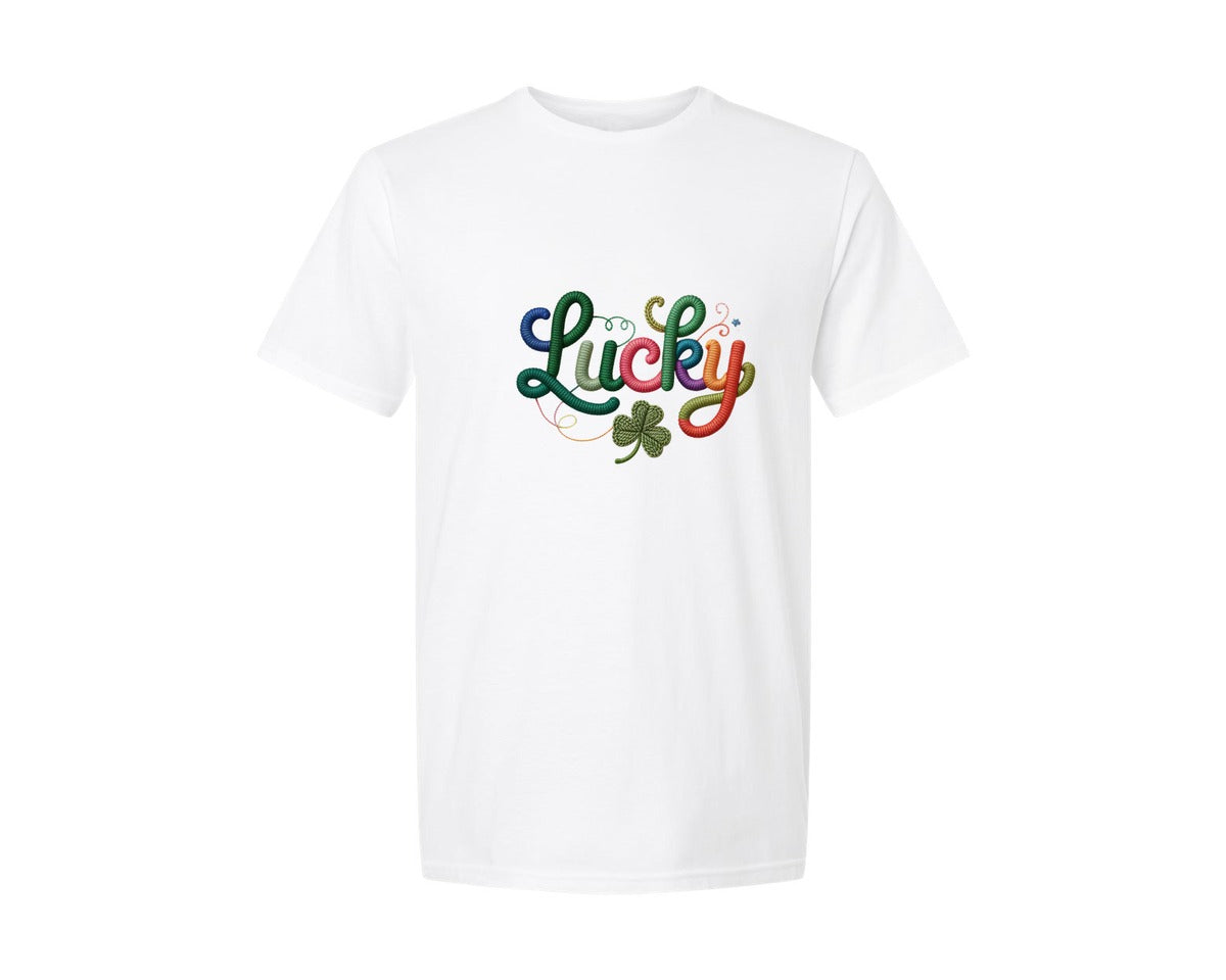 brand:Generic|color:White|Faux Yarn Lucky Script St Patricks Day Graphic T-Shirt