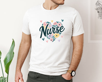 brand:Bella Canvas|color:White|Retro Nurse Floral Heart Graphic T-Shirt