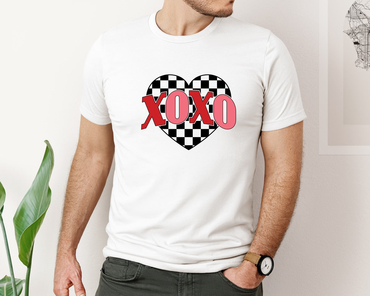 brand:Bella Canvas|color:White|Xoxo Checkered Heart Valentines Day Graphic T-Shirt