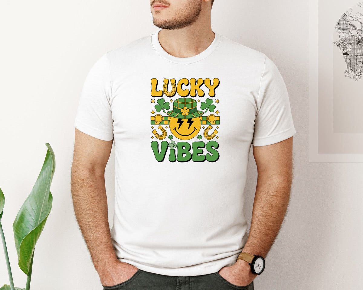 brand:Bella Canvas|color:White|Lucky Vibes St Patricks Day 9 Graphic T-Shirt