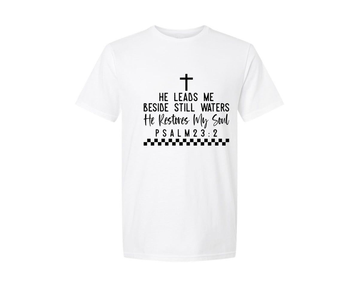 brand:Generic|color:White|He Leads Me Beside Still Waters Graphic T-Shirt