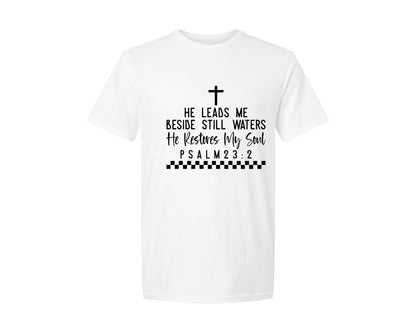 brand:Generic|color:White|He Leads Me Beside Still Waters Graphic T-Shirt
