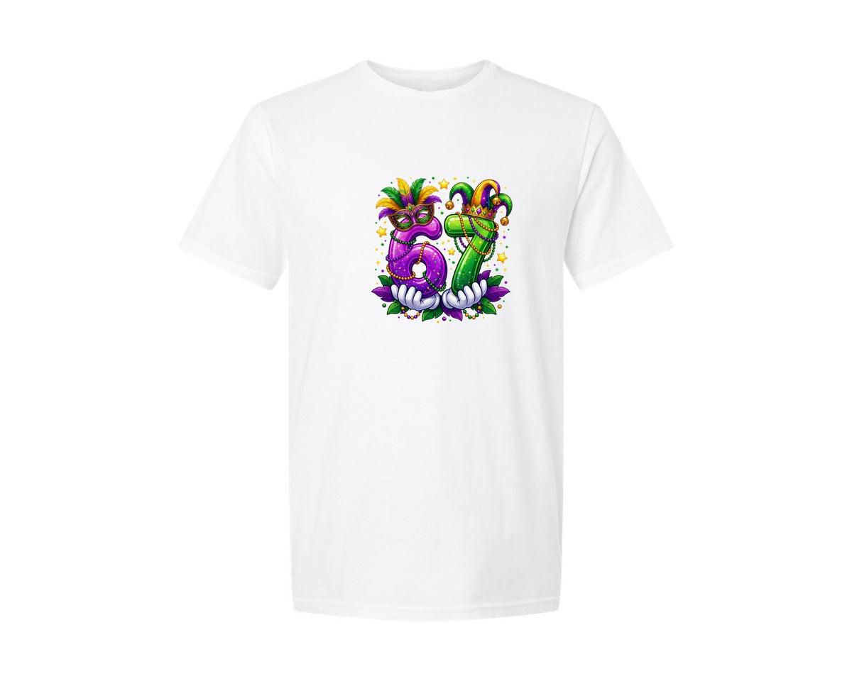 brand:Generic|color:White|Trendy 67 Mardi Gras Party Design Graphic T-Shirt