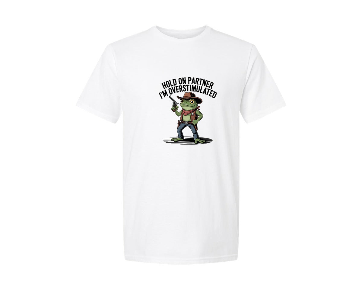 brand:Generic|color:White|Hold On Partner Im Overstimulated 3 Graphic T-Shirt