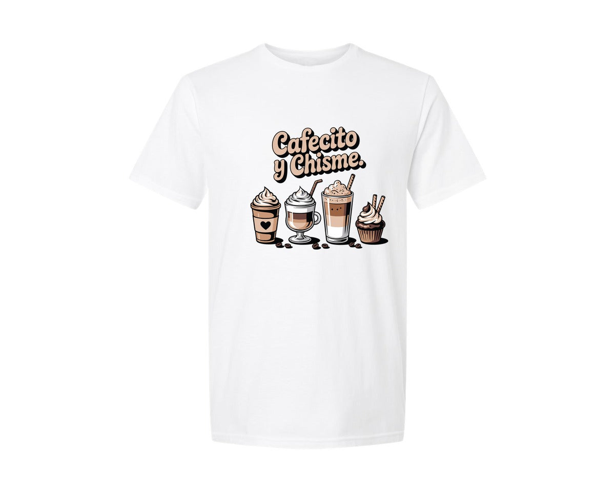 brand:Generic|color:White|Cafecito Y Chisme Latte Coffee Graphic T-Shirt