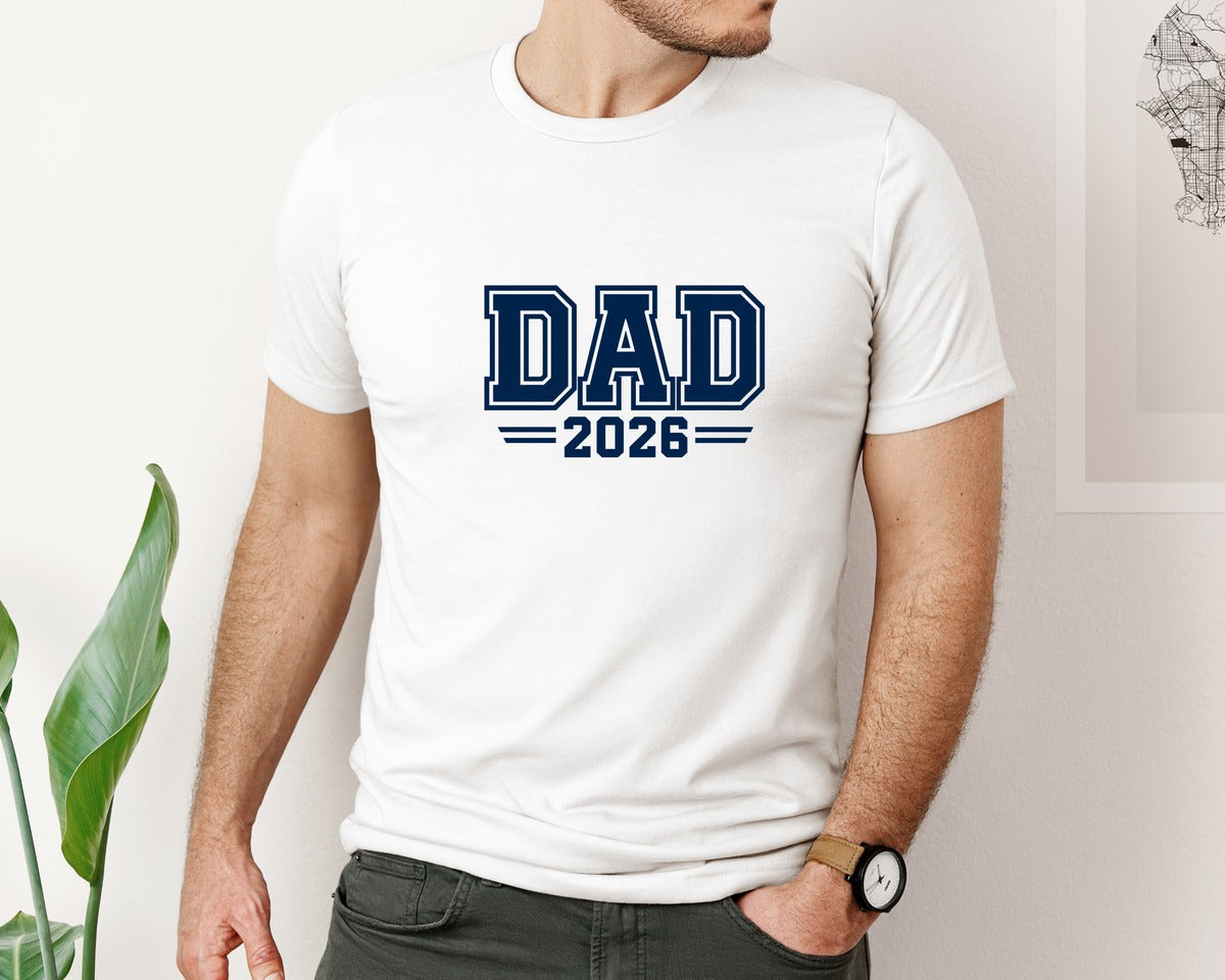 brand:Bella Canvas|color:White|Bold Varsity Dad 2026 Design Graphic T-Shirt