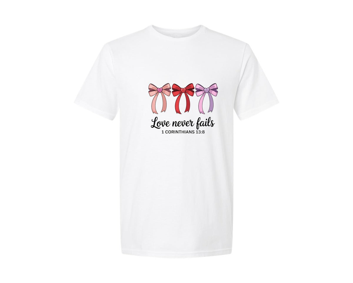 brand:Generic|color:White|Love Never Fails Bible Verse Coquet Graphic T-Shirt