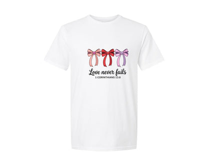 brand:Generic|color:White|Love Never Fails Bible Verse Coquet Graphic T-Shirt