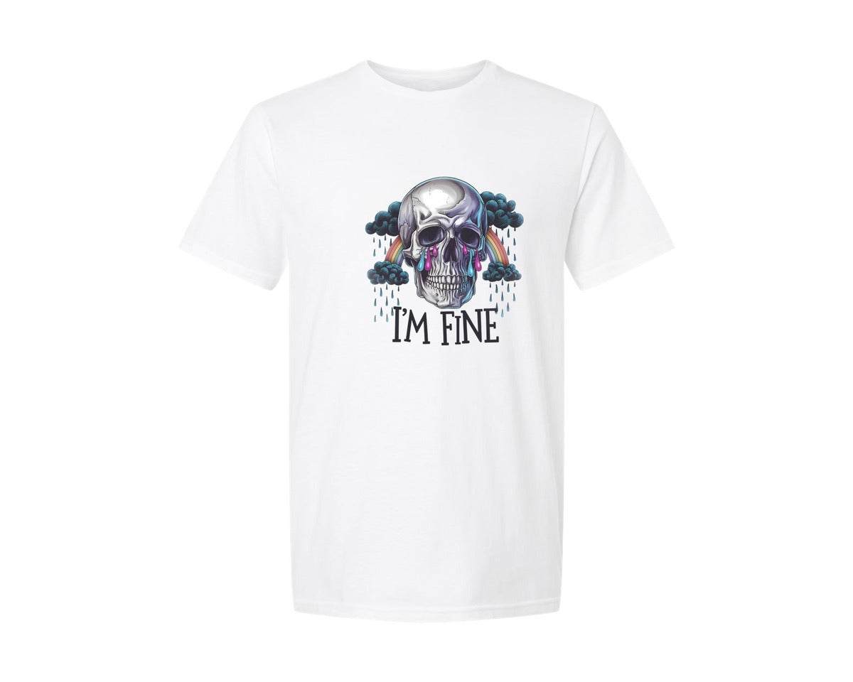 brand:Generic|color:White|Im Fine Skull Rainbow Tears Dark Graphic T-Shirt