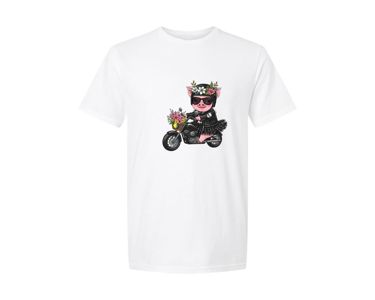 brand:Generic|color:White|Biker Piggy Cute Motorcycle Graphic T-Shirt