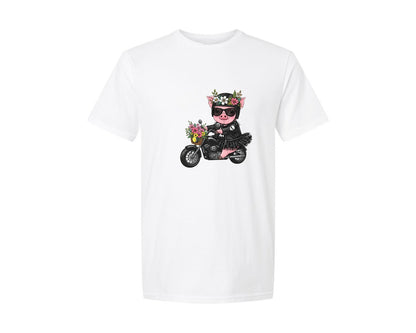 brand:Generic|color:White|Biker Piggy Cute Motorcycle Graphic T-Shirt