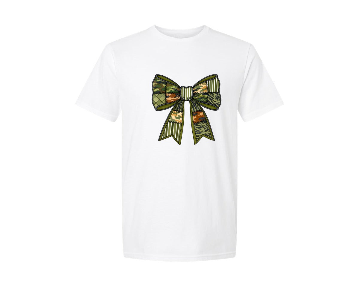 brand:Generic|color:White|Coquette Camo Bow Patchwork Camo Graphic T-Shirt