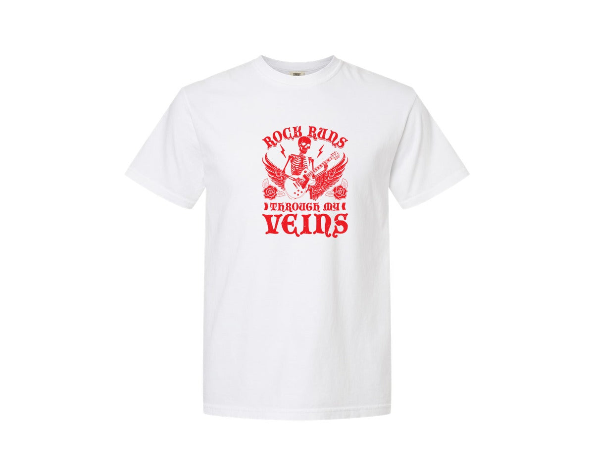 brand:Comfort Colors|color:White|Rock Runs Through My Veins Design Graphic T-Shirt