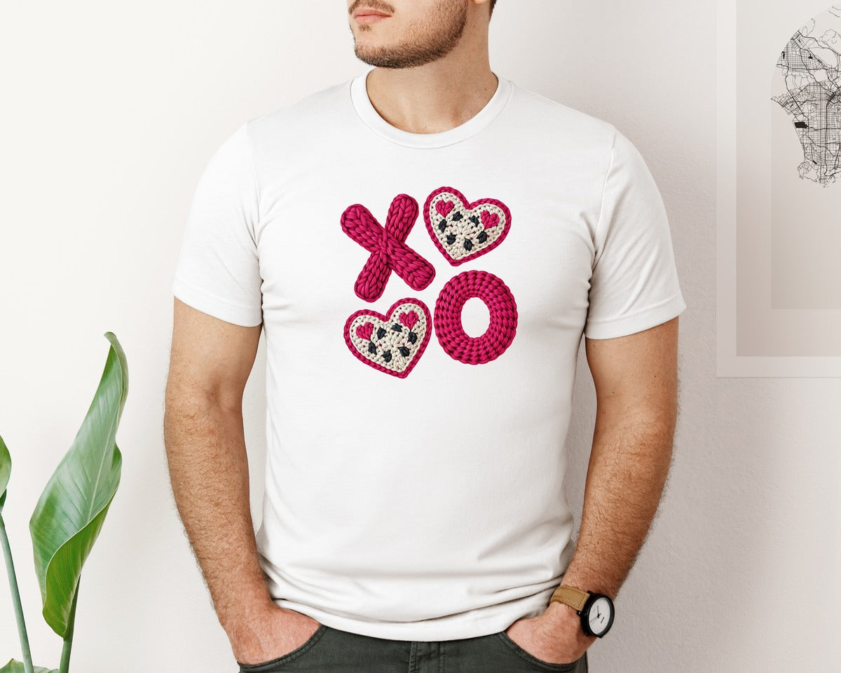 brand:Bella Canvas|color:White|Latch Hook Yarn Xoxo Faux Yarn Graphic T-Shirt