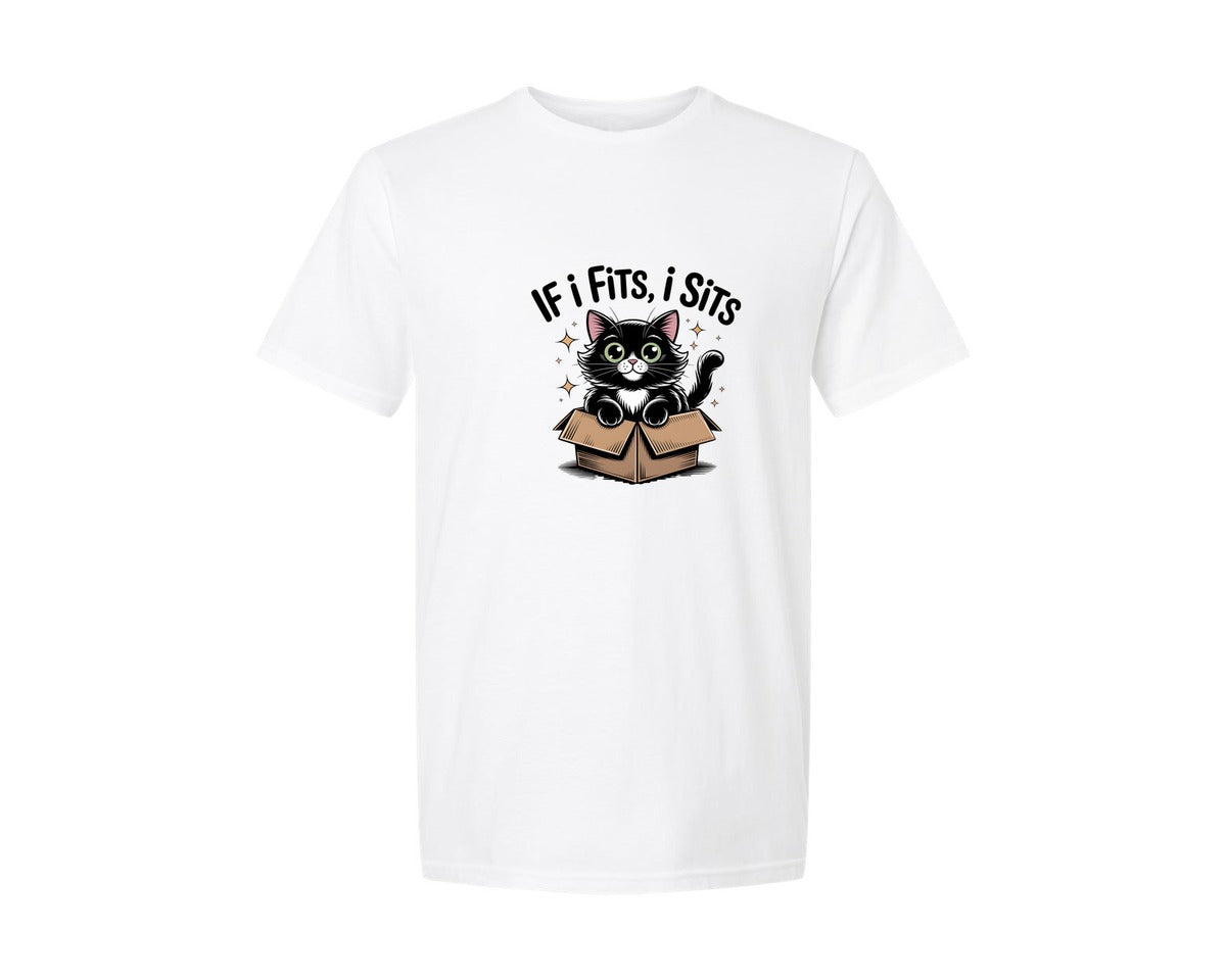 brand:Generic|color:White|If I Fits I Sits Cat Funny Cat Graphic T-Shirt