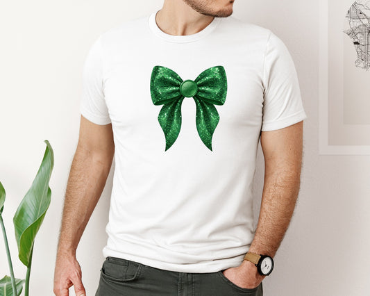 Green Sequin Shamrock Bow Graphic T-Shirt