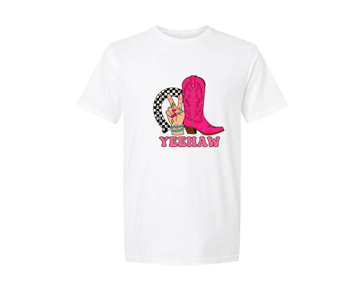 brand:Generic|color:White|Eehaw Horseshoe Checkered Western Graphic T-Shirt
