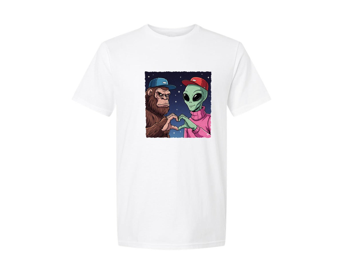 brand:Generic|color:White|Bigfoot And Alien Heart Hands Graphic T-Shirt