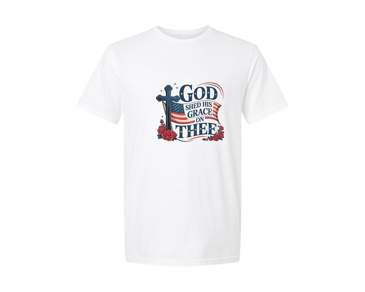 brand:Generic|color:White|God Shed His Grace Us Flag Cross Graphic T-Shirt