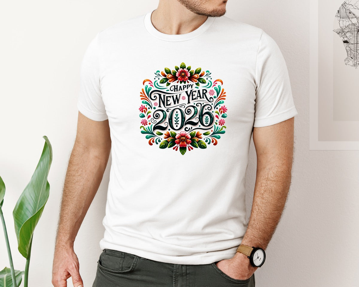 brand:Bella Canvas|color:White|Floral New Year 2026 New Years Eve Graphic T-Shirt