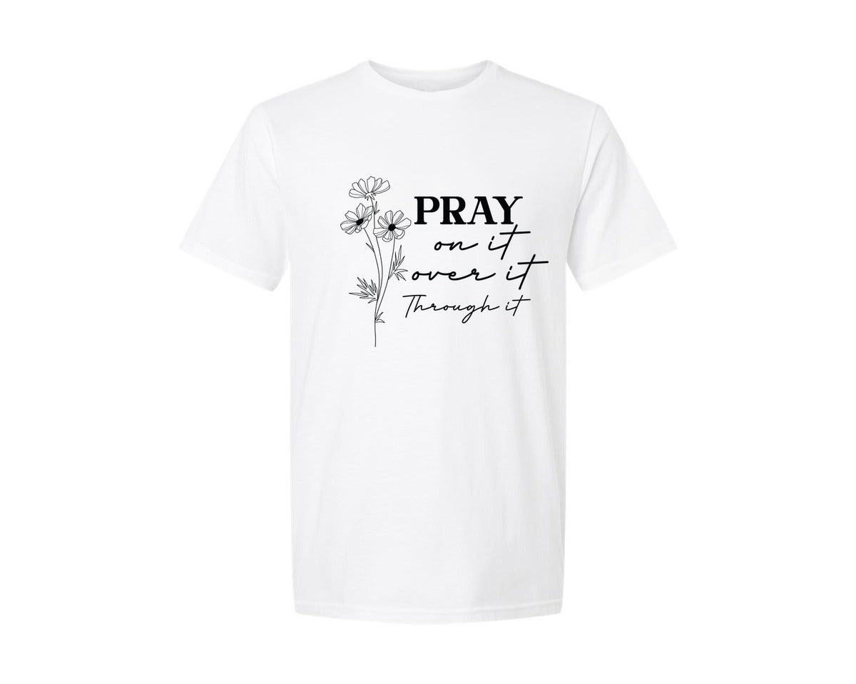brand:Generic|color:White|Pray On It Over It Through It Chris Graphic T-Shirt