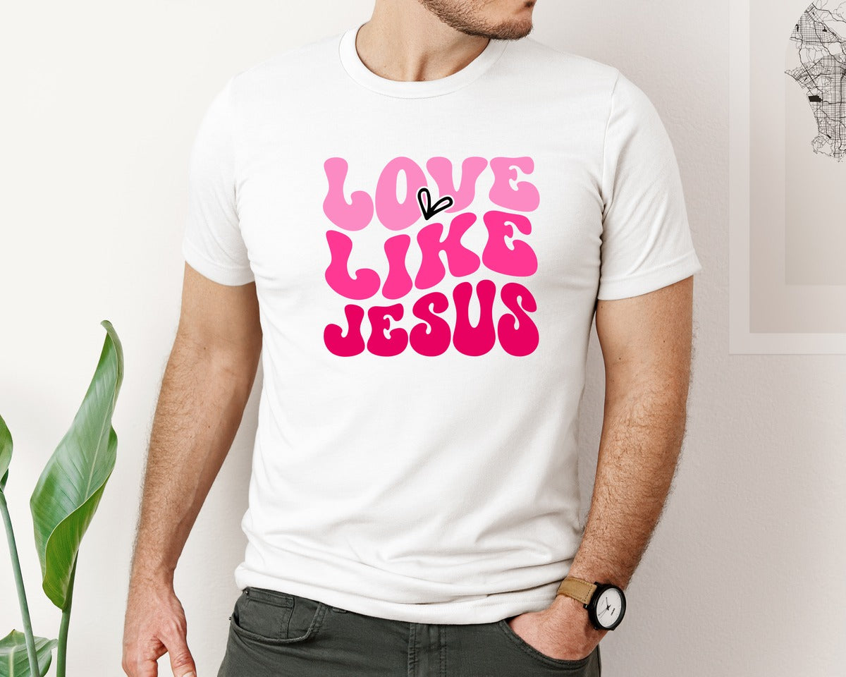 brand:Bella Canvas|color:White|Love Like Jesus Valentines Day Bun Graphic T-Shirt