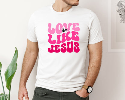 brand:Bella Canvas|color:White|Love Like Jesus Valentines Day Bun Graphic T-Shirt