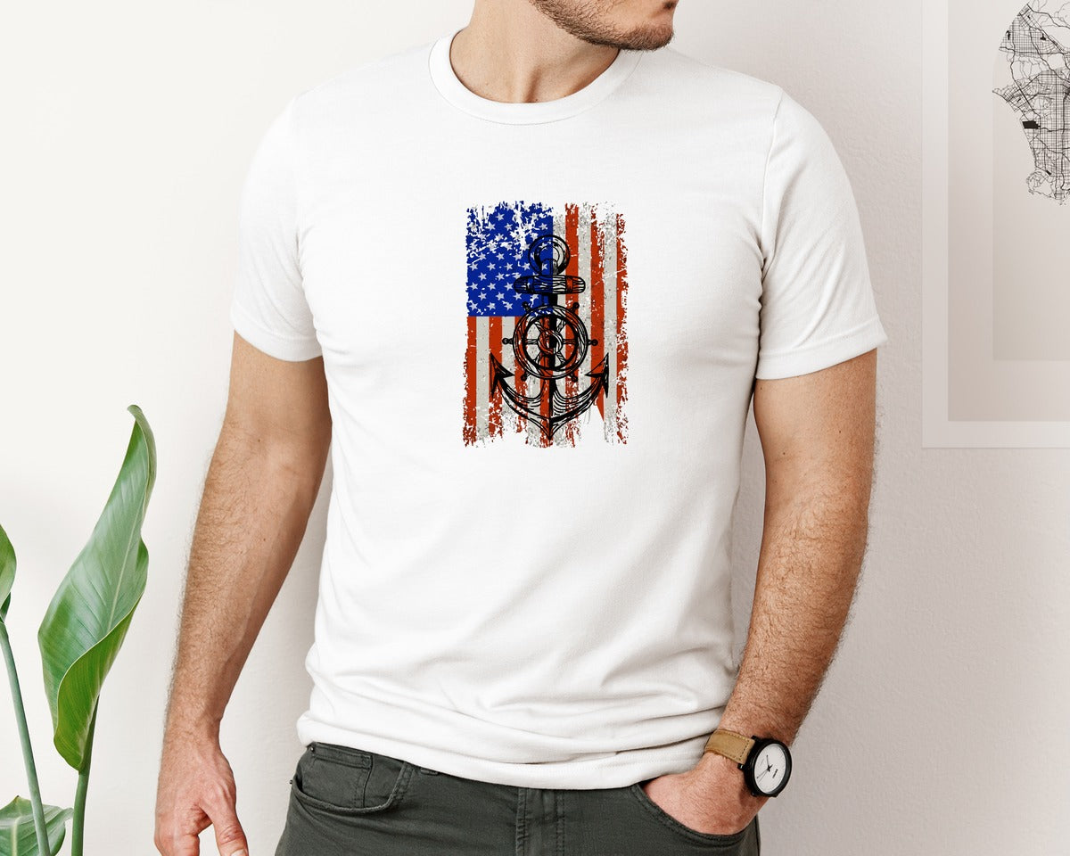 brand:Bella Canvas|color:White|American Flag Anchor Graphic T-Shirt