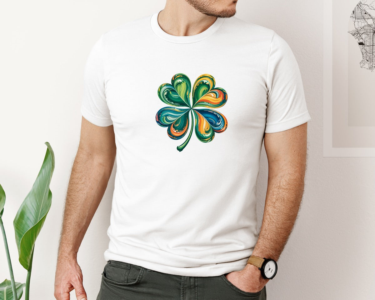 brand:Bella Canvas|color:White|St Patricks Four Leaf Shamrock T Shirt Graphic T-Shirt