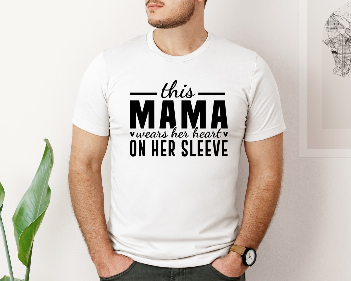brand:Bella Canvas|color:White|This Mama Wears Her Heart On Her Sleeve 77 Graphic T-Shirt