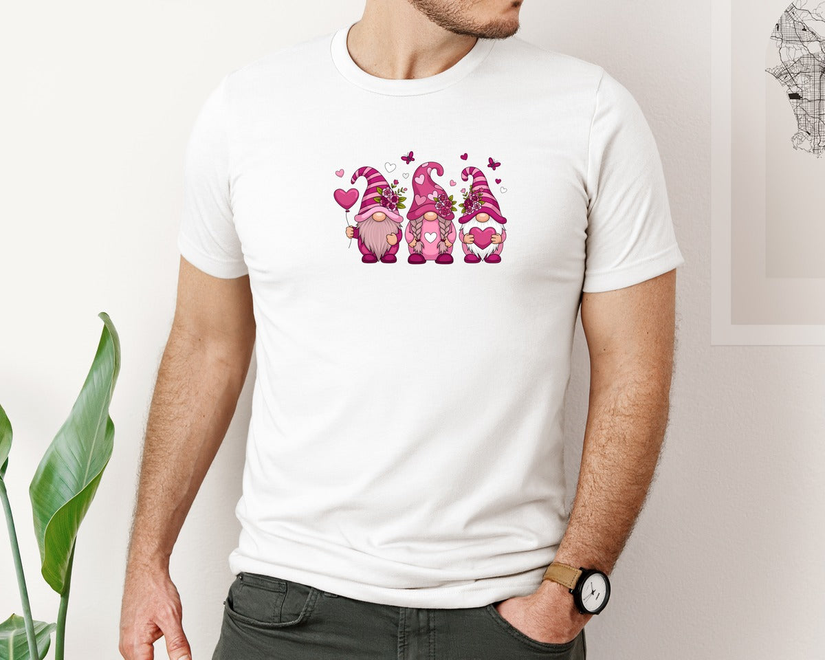 brand:Bella Canvas|color:White|Valentine Gnome Cute Pink Trio Gnome Graphic T-Shirt