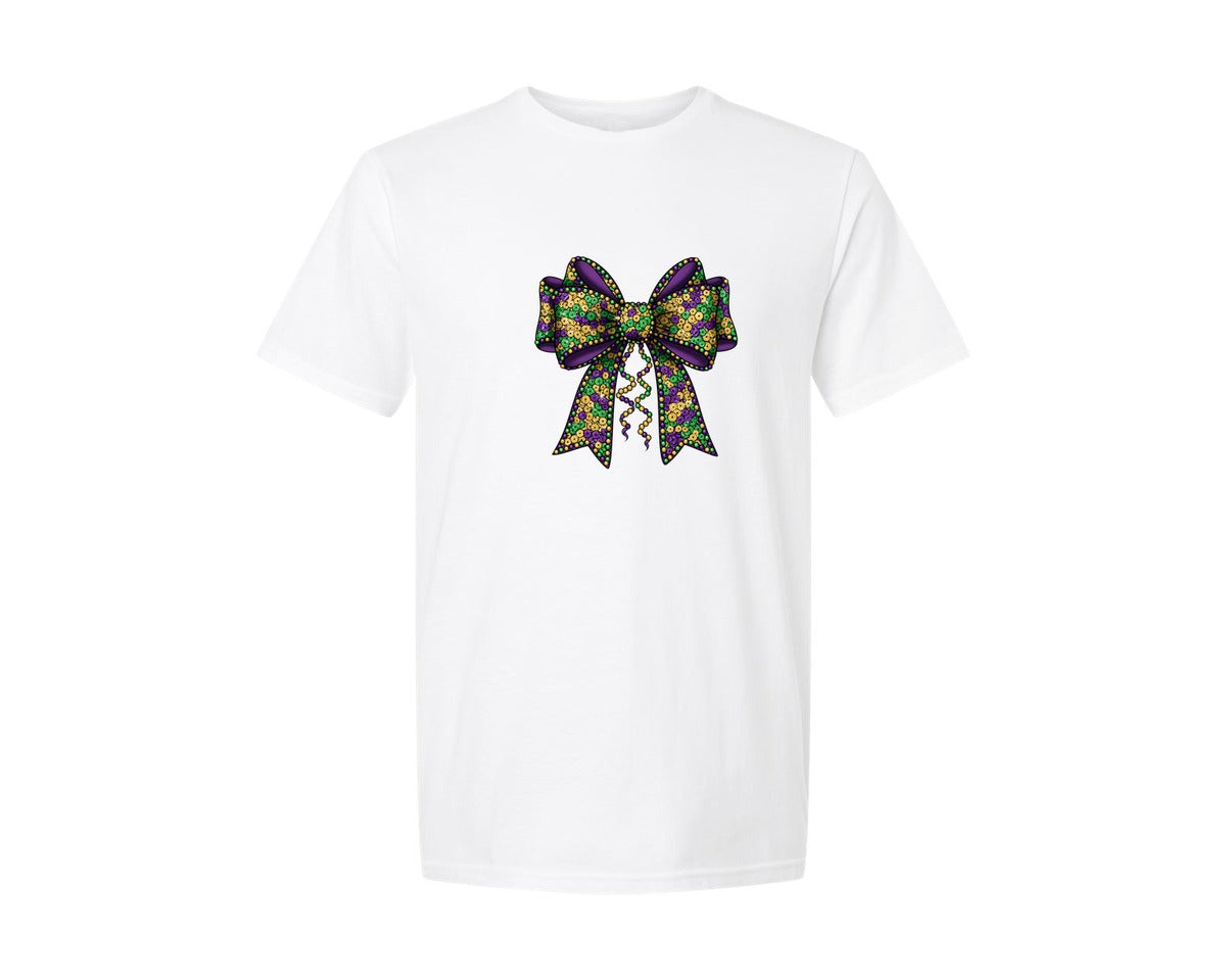 brand:Generic|color:White|Mardi Gras Sequin Coquette Bow Graphic T-Shirt