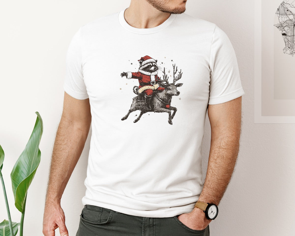 brand:Bella Canvas|color:White|Christmas Raccoon And Reindeer T Shirt Graphic T-Shirt