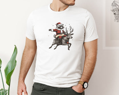 brand:Bella Canvas|color:White|Christmas Raccoon And Reindeer T Shirt Graphic T-Shirt