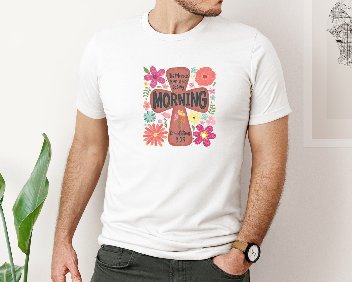 brand:Bella Canvas|color:White|Boho Christian Easter His Mercies Graphic T-Shirt