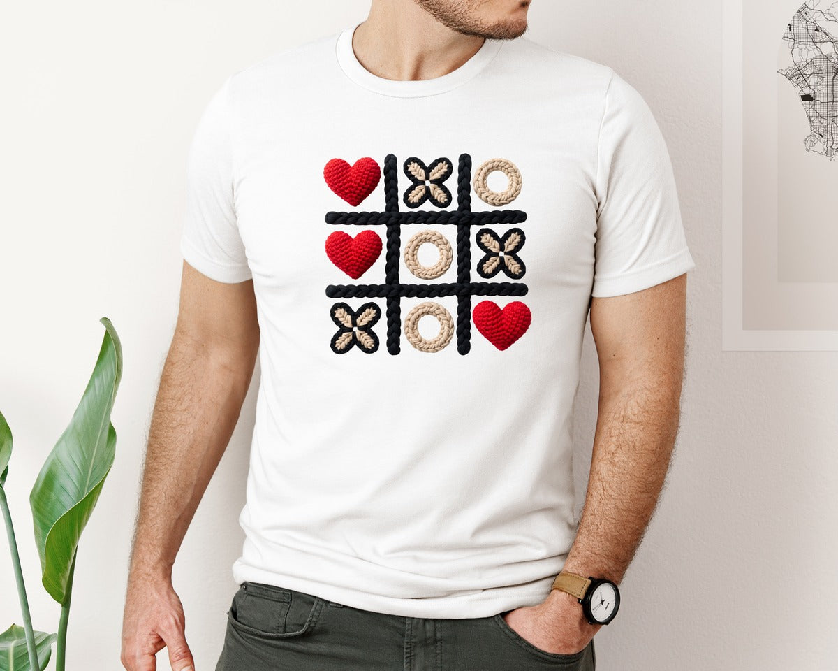 brand:Bella Canvas|color:White|Xoxo Valentine Day Heart Crochet Graphic T-Shirt