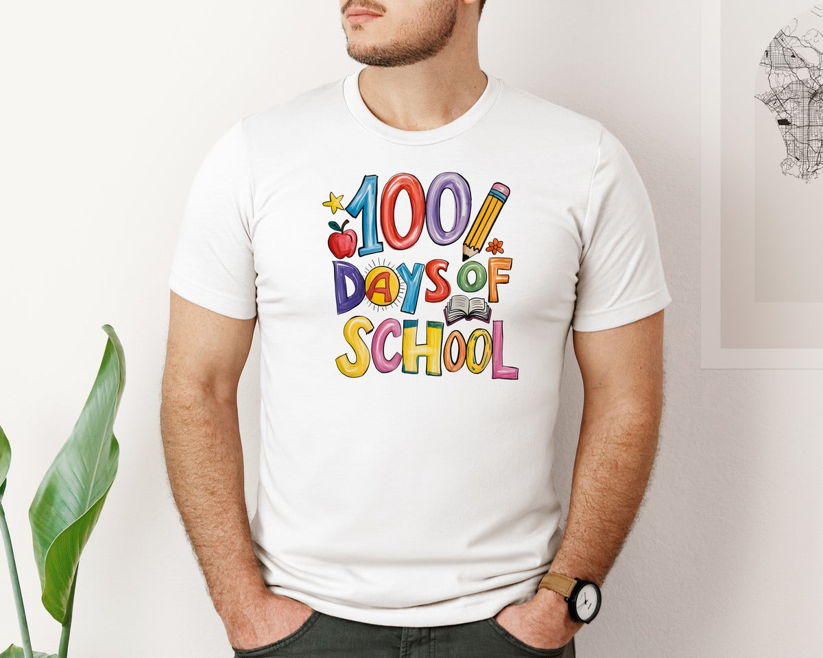 brand:Bella Canvas|color:White|Kid Drawn 100 Days Of School Crayon 5 Graphic T-Shirt
