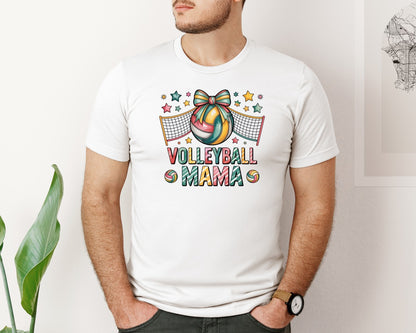 brand:Bella Canvas|color:White|Retro Volleyball Mom Coquette Bow Graphic T-Shirt