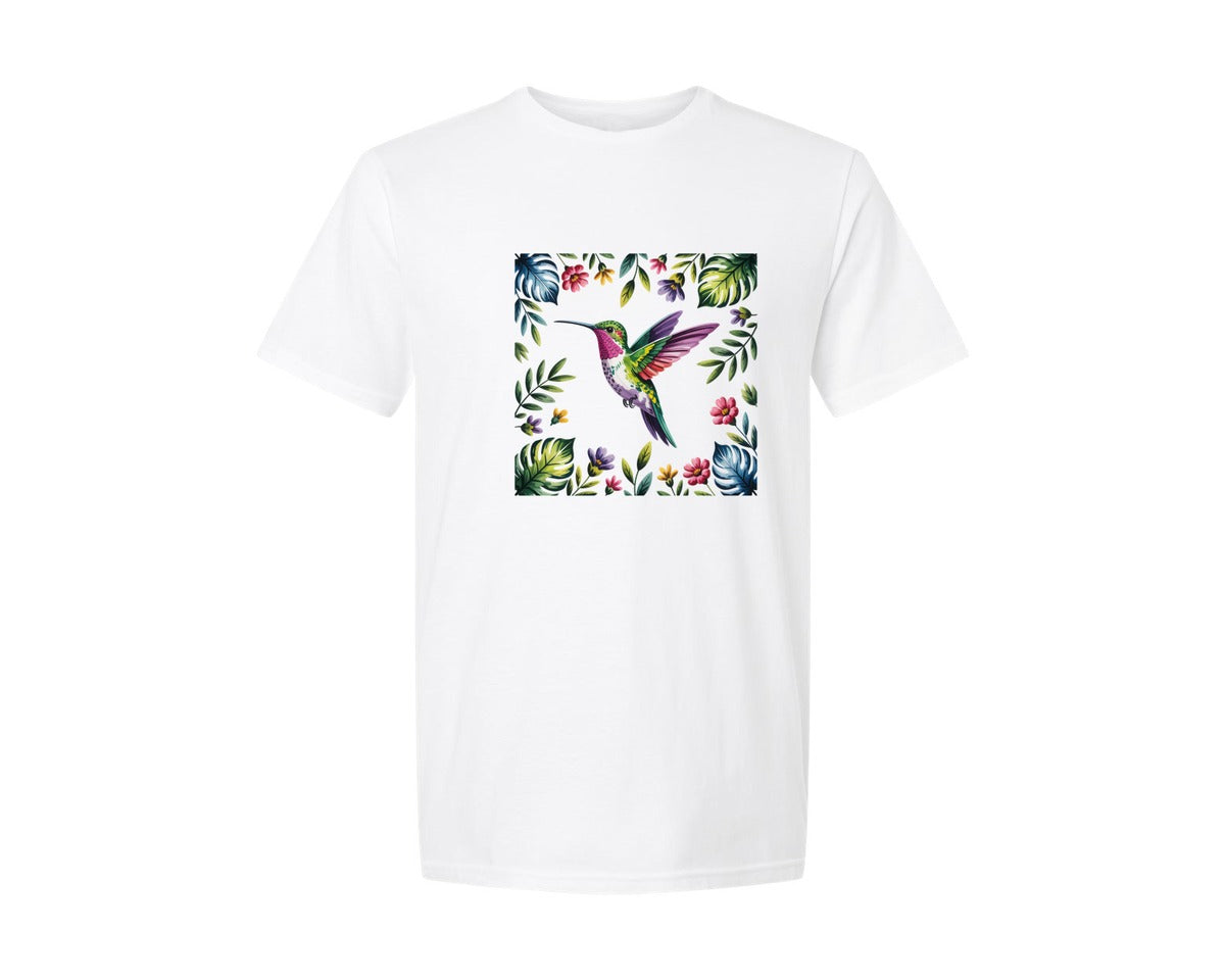 brand:Generic|color:White|Hummingbird Tropical Flowers Graphic T-Shirt