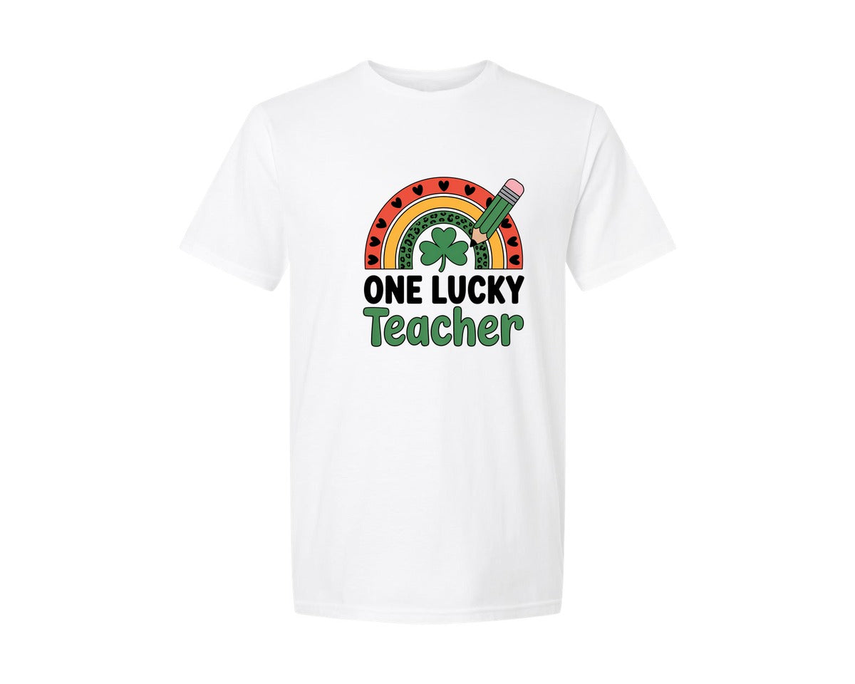 brand:Generic|color:White|St Patricks Day One Lucky Teache Graphic T-Shirt