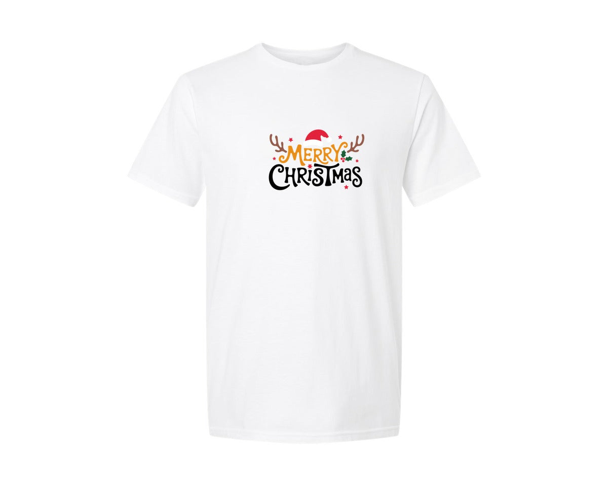 brand:Generic|color:White|Merry Christmas Santa Hat Reindeer Graphic T-Shirt